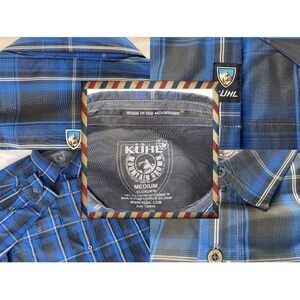 Kuhl Eluxur Shirt Men Medium Blue Plaid Button Up Pockets Gorpcore Outdoors Camp